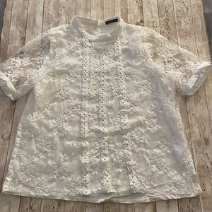 White Blouse lace detail with lining and buttons on sleeves and the collar.